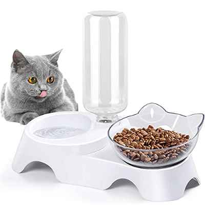 2 en 1 Elevado Comedero Gato, Comedero Automático Y Bebedero, 15°Inclinación Tazón de Alimentación para Gatos, Tazones para Gatos con Soporte, para Gatos y Cachorros