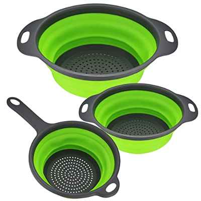 3 Piezas Coladores de Silicona Plegable, Cesta de Drenaje, Coladores de Alimentos, Coladores de Cocina Plegable con Asa para Escurrir Frutas y Verduras Pasta - Verde