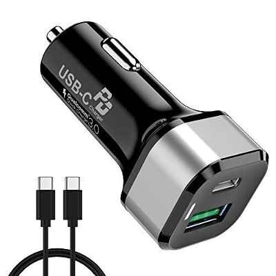45W Cargador de Coche Carga Rapida, Avolare Quick Charge 3.0(Puerto USB A 18W)+PD 3.0(Puerto USB C 27W) Cargador Movil Coche para Samsung, iPhone, iPad, Google, LG, HTC con Cable Tipo C 0,8M Negro