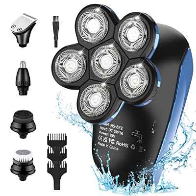 Afeitadora Eléctrica para Hombre, Afeitadora Cabeza para Calva 6 en 1, Máquina Cortar Pelo Impermeable en Seco y Húmedo USB Recargable,para Afeitar Barba,Recortar Cabello,Vello Corporal, Limpiar Cara
