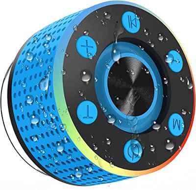 Altavoz Bluetooth 5.0, IP7 Impermeable Altavoz Portatil Ducha con Ventosa, Potente Altavoces Inalambrico con FM Radio y LED, 7 Horas de Reproducción Mini Altavoz para Exterior, Piscina, Playa, Baño