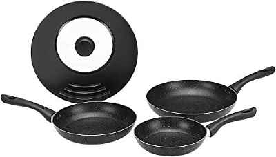 Amazon Basics Juego de Sartenes de Inducción Antiadherentes - 4 Piezas, con Cubierta Universal - 20/24/28 cm