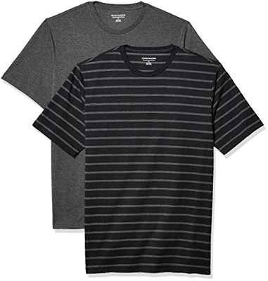 Amazon Essentials Camiseta de Cuello a la Caja de Manga Corta y Ajuste Entallado Hombre, Pack de 2, Negro/Color Carbón/Carbón Mezcla, Rayas, S