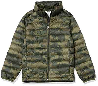 Amazon Essentials Chaqueta Plumífera Plegable, Resistente al Agua y Ligera Niño, Verde Oliva, Camuflaje, 5 años