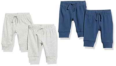 Amazon Essentials Pantalones con Cintura Elástica de Algodón Bebé Niño, Pack de 4, Azul Marino/Gris Mezcla, 18 Meses