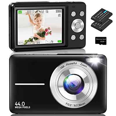 Amdeurdi Cámara Digital 1080P FHD Cámara de Videoblogs 44MP 16× Zoom Digital Mini Cámara Fotográfica Cámara Compacta para Niños,Jóvenes,Principiantes,Estudiantes,Ancianos - Negro