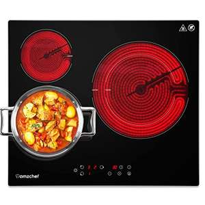 AMZCHEF Placa Vitrocerámica 3 Zonas con 9 Niveles de Cocción, 5880W, Doble Zona, Apagado Automático, Temporizador