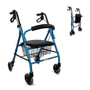 Andador plegable Modelo Escorial, Frenos manuales, bloqueables, Aluminio, cesta, Ligero y resistente, Con asiento, 4 ruedas.
