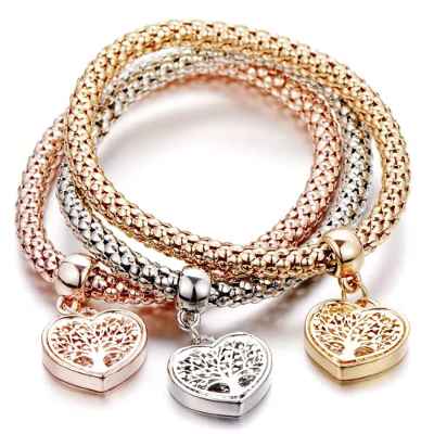 AONAT 3 piezas Pulseras de árbol de la vida, Pulsera de cadena de maíz de oro/plata/oro rosa para mujer, Pulsera con colgante de árbol de la vida para mujeres y niñas