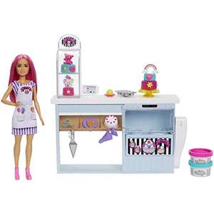 Barbie y su Pastelería Muñeca pelo fantasía con tienda, juego de plastilina y accesorios de juguete