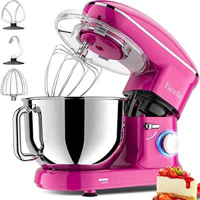 Batidora Amasadora 1500W , Facelle Amasadora de Pan Repostería Multifunción Tazón de Acero Inoxidable de 6LGancho para Masa,Batidor Plano, Batidor,Protector de Salpicaduras(Azul)