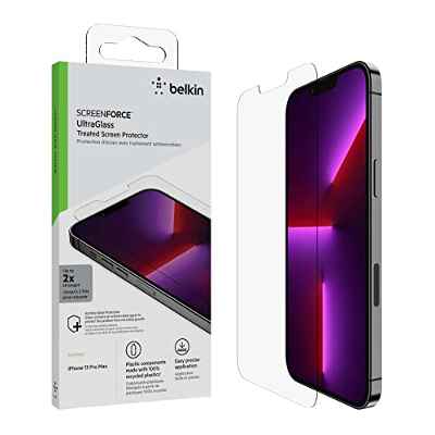 Belkin - Protector de pantalla UltraGlass para iPhone 13 Pro Max con revestimiento antimicrobiano, instalación fácil sin burbujas con la bandeja guía incluida