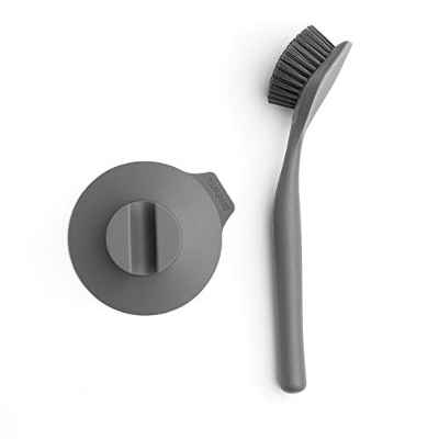 Brabantia Cepillo Fregaplatos con Soporte de Ventosa, Gris Oscuro, 11 x 23. 5 x 6 cm