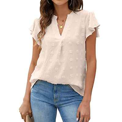 Camiseta Tops Camisa de Mujer Sexy con Cuello en V Top de Verano Blusas Elegantes de Color Sólido Mangas con Volantes, Sueltas, Transpirables(S-Albaricoque)