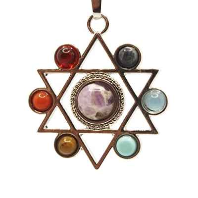 CAOREMA Collar con Colgante de los 7 Chakras de Acero para Mujer con Estrella de David | Collar de Equilibrio y Yoga en Cordón de Cuero | Gargantilla de Piedras Preciosas Naturales Curación Espiritual