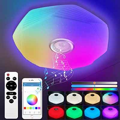 CheDux 48W Plafón LED regulable con altavoz Bluetooth, Plafón RGB que cambia de color con mando a distancia y APP, Plafón musical LED para dormitorios, habitaciones infantiles, salones Ø39cm