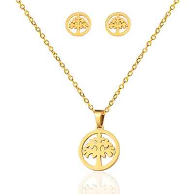 Conjunto Collar y Pendientes con Árbol de la Vida de Acero Inoxidable en color Dorado. Juego Colgante con Cadena y Aretes de Bisutería Fina para Mujer. Conjunto Joyas con Símbolos de Protección