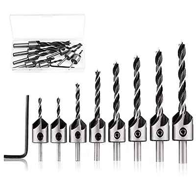 CYH Kit Brocas avellanadoras - 8 Piezas HSS 5 Flauta Countersunk Broca Set - Brocas de Chaflán para Perforación de Madera o Chaflán de Carpintería 3-10mm