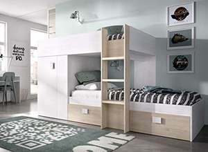 DEKIT - Litera Cama Tren con Armario y 2 cajones, color Artic/Natural, 150x271x11 cm, GROE