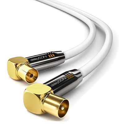deleyCON 7,5m TV Cable de Antena HDTV Full HD 2x en Ángulo Cable Coaxial - Enchufe de TV (90° Grados) para Toma de TV (90° Grados) Tapón de Metal - Blanco