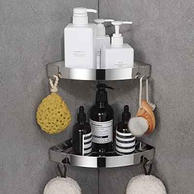 DUFU Estanteria Ducha Sin Taladros, Estantería de Esquina para Baño Ducha Pared Acero Inoxidable Estante Baño Adhesivo con 4 Ganchos, Estanteria Rinconera Ducha, 2 Piezas Negro