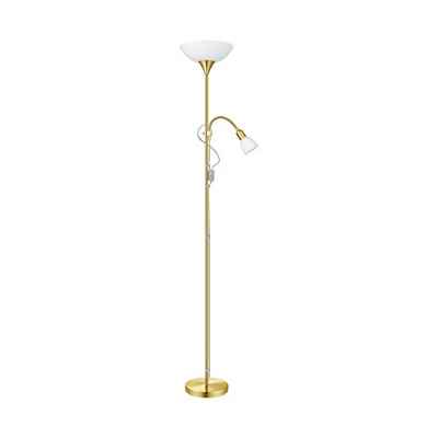EGLO lámpara de pie Up 2, lámpara de pie de 2 focos, clásica, lámpara de salón en latón mate, cristal y plástico blanco, con interruptor, foco de techo con lámpara de lectura, E27 + E14