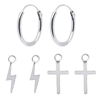 ENTREPLATA Pendientes Plata de Ley 925. Aros con Colgantes forma de Rayo y Cruz. Pendientes Mujer Niña Hombre Niño Unisex. Par de Aretes Criollas con colgantes de Rayo y Cruz