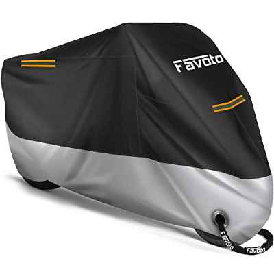 Favoto Funda para Moto Cubierta de Motocicleta 210D Protectora Oxford con Bandas Reflectantes a Prueba de Sol Agua Lluvia Polvo Viento Nieve Hojas Excremento de Pájaro, XXL 245cm Negro+Plata