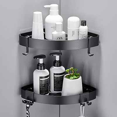 GERUIKE Estanteria Ducha Estanteria Baño sin Taladro, Estanteria Negra Autoadhesivo, Rinconera Ducha para Baño Ducha Aluminio, Repisas para Baño, Aluminio, 2 Piezas