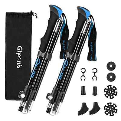 Glymnis Bastones de Senderismo Bastones Trekking Plegables 2pcs 36cm~130cm de Aleación de Aluminio 7075 y EVA para Senderismo Alpinismo Trail Viaje Azul