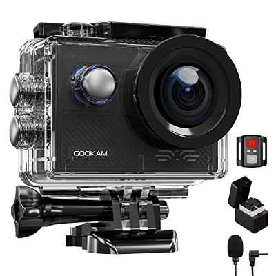 GOOKAM Cámara Deportiva 4K WiFi 20MP EIS Action Camara Impermeable 40M con Remoto 2 1200mAh Baterías Recargables y Micrófono Externo Kit de Accesorios de Cámara Acción Acuática…