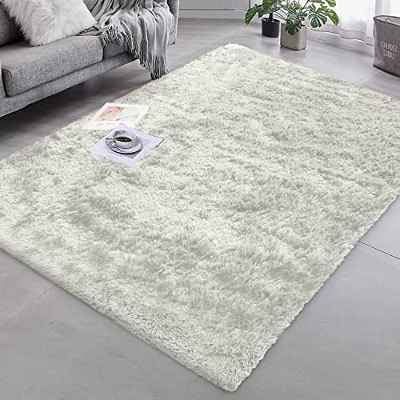 Granbest Alfombra Shaggy de pelo largo para salón, moderna, mullida, pelo corto, alfombra antideslizante para personas mayores y niños (140 cm x 200 cm, color crema y blanco