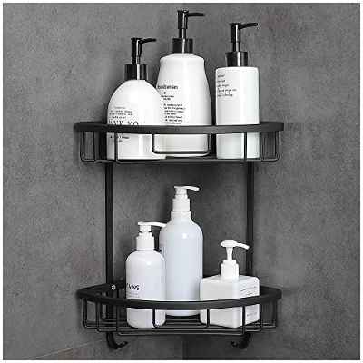 Gricol Estante para Esquinas de Ducha Sin Taladrar Aluminio Estanteria para Ducha Antioxidante con Pegatinas Estantería Baño con Ganchos para Baño 2 Niveles (Plata)