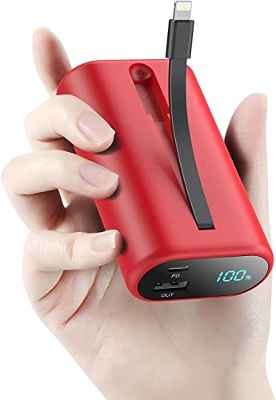 HETP Power Bank 10800mAh Bateria Externa para iPhone【con Cable Incorporado】 Ultra-Compact 15W PD 3A Cargador Portátil con Pantalla LCD, 3 Salidas Compatible con iPhone 14 13 12 11 X Pro MAX - Rojo