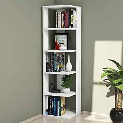 Homemania - Librería Corner, Madera, Blanco, 41,8 x 41,8 x 160,8 cm