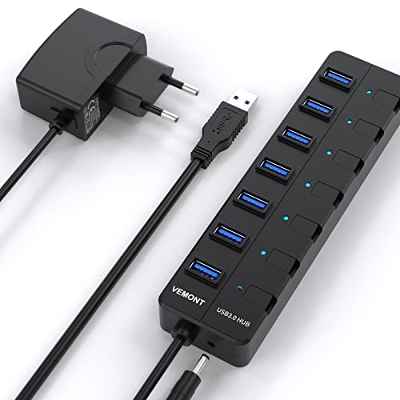 Hub USB Alimentado,VEMONT 7 Puertos USB 3.0 Hub con alimentación Externa,botón de Encendido Individual por Cada Puertos para Mac OS, Windows, iOS, Android, Linux con Alimentación Adaptador 5V/2A