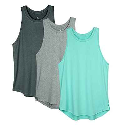 icyzone Camisetas de Tirantes Espalda Cruzada Sin Mangas para Mujer,para Yoga, Correr, Ejercicio, Gimnasio(Pack de 3) -S-Negro Melange/Gris/Verde Hielo