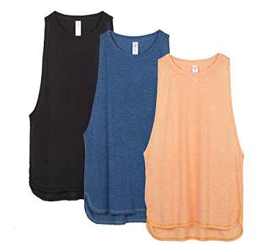 icyzone Sueltas y Ocio Camiseta de Fitness Deportiva de Tirantes para Mujer, Pack de 3 (S, Negro/Mezclilla/Calabaza)