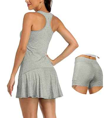 icyzone Vestido de Tenis atlético para Mujer con Pantalones Cortos de Golf, Ejercicio, Correr, Espalda Cruzada, sin Mangas (S, Gris)