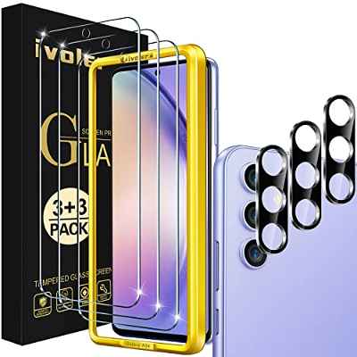 ivoler 3 Piezas Protector de Pantalla para Samsung Galaxy A54 5G con 3 Piezas Protector de Lente de Cámara y Marco de Instalación, Cristal Vidrio Templado Anti-Arañazos, 9H Dureza, Ultra HD