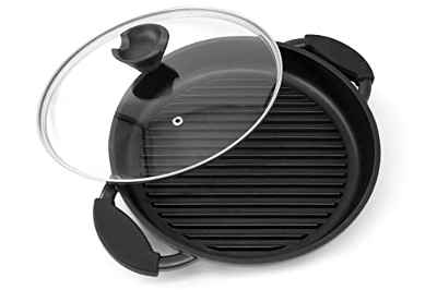 Joejis sarten plancha redonda de aluminio fundido con asas de silicona y tapa, sarten grill para parrilla compatible con inducción con base de acero adherido, sartén antiadherente de 27 cm
