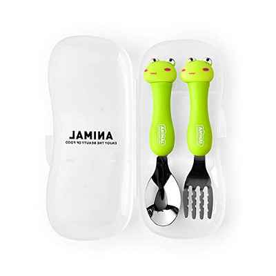 Juegos de Cubiertos Infantiles, Cubertería Infantil de Acero Inoxidable Cuchara y Tenedor Vajilla, para Niños, Picnic, Cocina, Camping 4 Colores Grabados Tenedores Cucharas