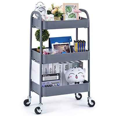 KINGRACK Carro rodante con Malla metálica de 3 Niveles, Carro de Servicio organización Estante de Almacenamiento móvil estantes para Cocina Baño Garaje u Oficina en casa, sin Tornillos Fácil de Monta