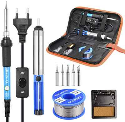 Kit de Soldador SREMTCH Kit 10 in 1 Soldadores de Estaño 60W con Interruptor, Temperatura Ajustable 200 ~ 450 ℃, 5 Puntas de Soldadura, Alambre de Soldadura para el Uso Diversamente Reparado