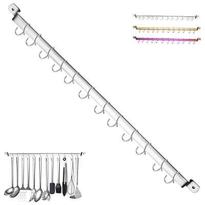 Kyraton Estante para utensilios de cocina, organizador de rieles para cuchillos colgantes, soporte para utensilios para colgar ollas, riel de cocina gourmet montado en la pared con 14 ganchos