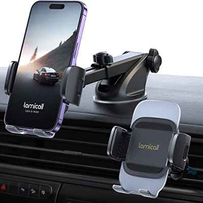 Lamicall Soporte Móvil Coche Ventosa, [3 en 1] Soporte Móvil Coche para Salpicadero/Parabrisa/Rejilla, Succión Fuerte, 360°Rotación, Porta Móvil Coche con Clip de Gancho de Metal para 4-7” Smartphone