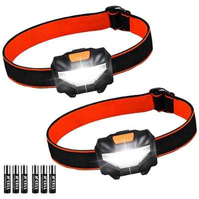Linterna Frontale, 2 Piezas Linterna Cabeza con 3 Modos de Iluminación y 60° Ajustable Ángulo, Lampára de Cabeza Impermeable con 6 Pilas AAA para Correr, Acampar, Cenderismo, Pesca, Ciclismo