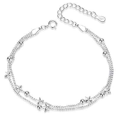 L.Karden Pulsera Mujer Estrellas Plata de Ley 925 Pulsera para Niñas Pulsera Amistad Ajustable Pulseras,Regalo Mujer Cumpleaños,Regalo Dia De la Madre