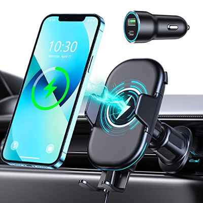 Mohard 15W Qi Cargador Inalámbrico Coche con Adaptador Cargador QC 3.0, Soporte Móvil Coche Carga Rápida, Sujeta Movil Coche Rotación de 360° Compatible con iPhone 13 Pro Max/12/11/XR, Galaxy y Otros