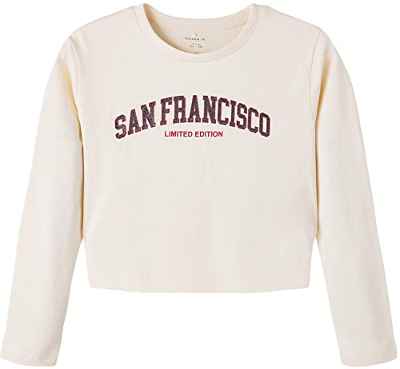 NAME IT Nkflevora LS Cropped Top Camiseta de Manga Larga, Buttercream/Print:San Francisco, 122 cm-128 cm para Niñas